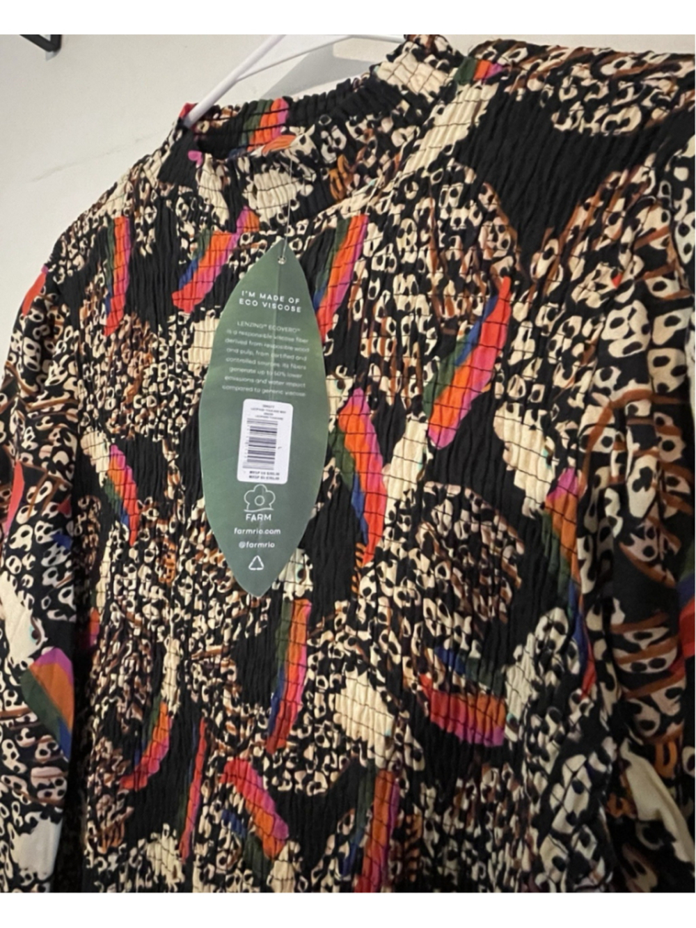 FARM Rio Multicolor Animal Print Smocked Knee Dress L Balloon Sleeve High Neck - Picture 6 of 12